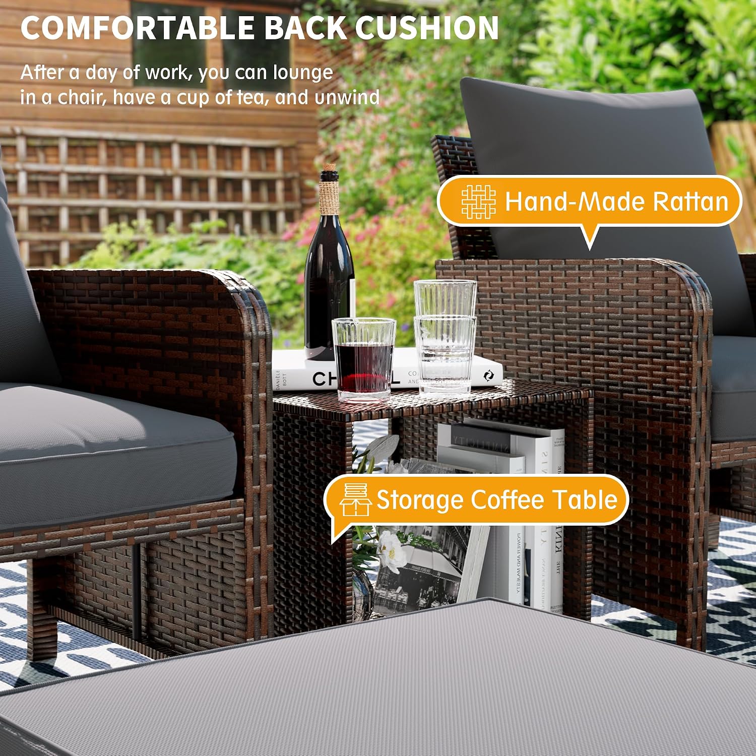 UDPATIO Balcony Furniture Patio Chairs with Ottoman, 5 Piece Wicker Patio Furniture Set with Footrest for Front Porch Small Space