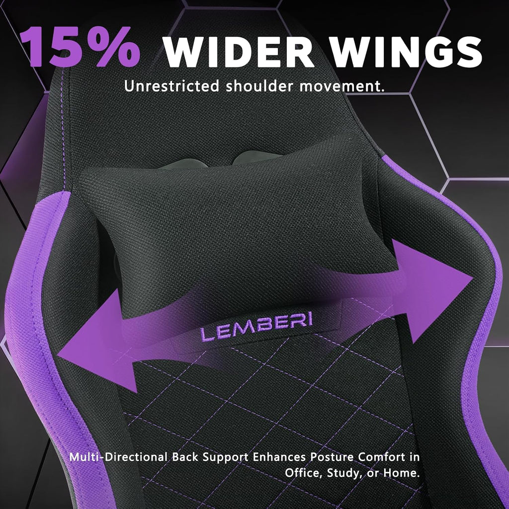 LEMBERI Gaming Chair, Fabric Big and Tall Video Game Chairs with Footrest, Massage Lumbar Support, Racing Style Ergonomic Computer Gamer Chair with Adjustable Headrest (Purple)