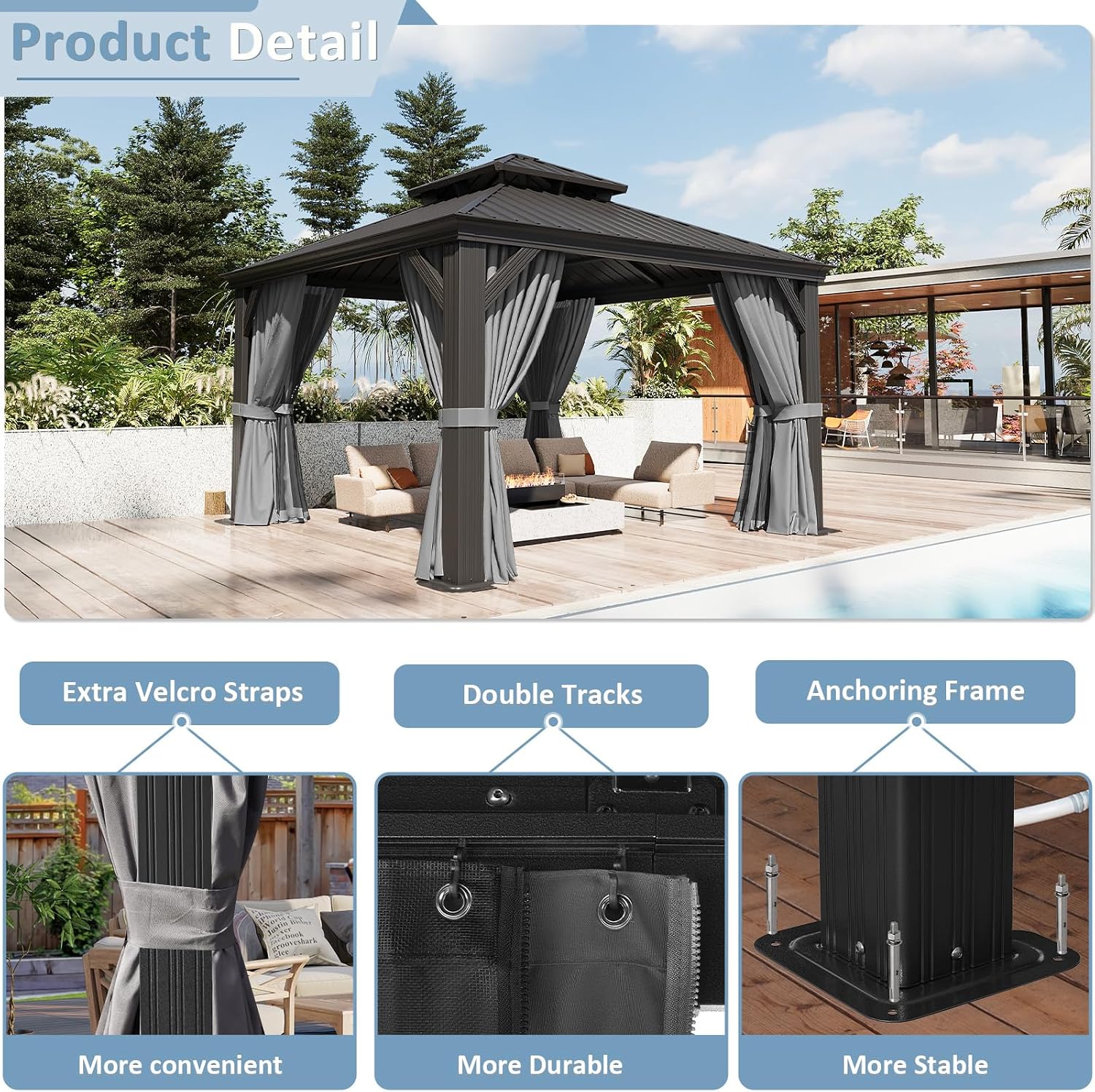 Aoxun 12' x 12' Permanent Hardtop Gazebo with Galvanized Steel Double Roof and Aluminum Frames Outdoor Large Pavilion Gazebo for Patio Deck Garden, Nettings and Curtains Included, Gray