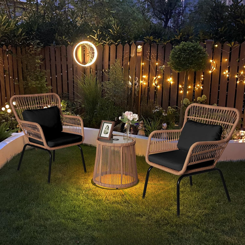 3 Piece Outdoor Wicker Furniture Bistro Set, Rattan Chairs Conversation Sets with Solar Light, Wicker Patio Furniture for Balcony Poolside Backyard, Black