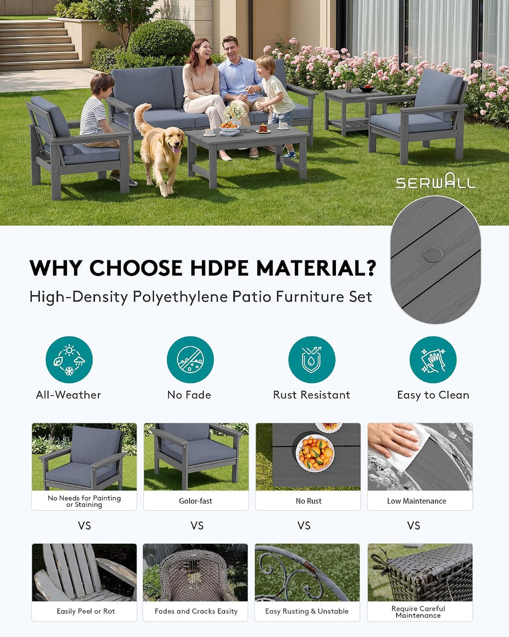 SERWALL HDPE Patio Furniture Set, 7-piece Outdoor Sectional Sofa Set, All Weather Outdoor Couch Set for Deck, Lawn, Grey Frame with Grey Cushion