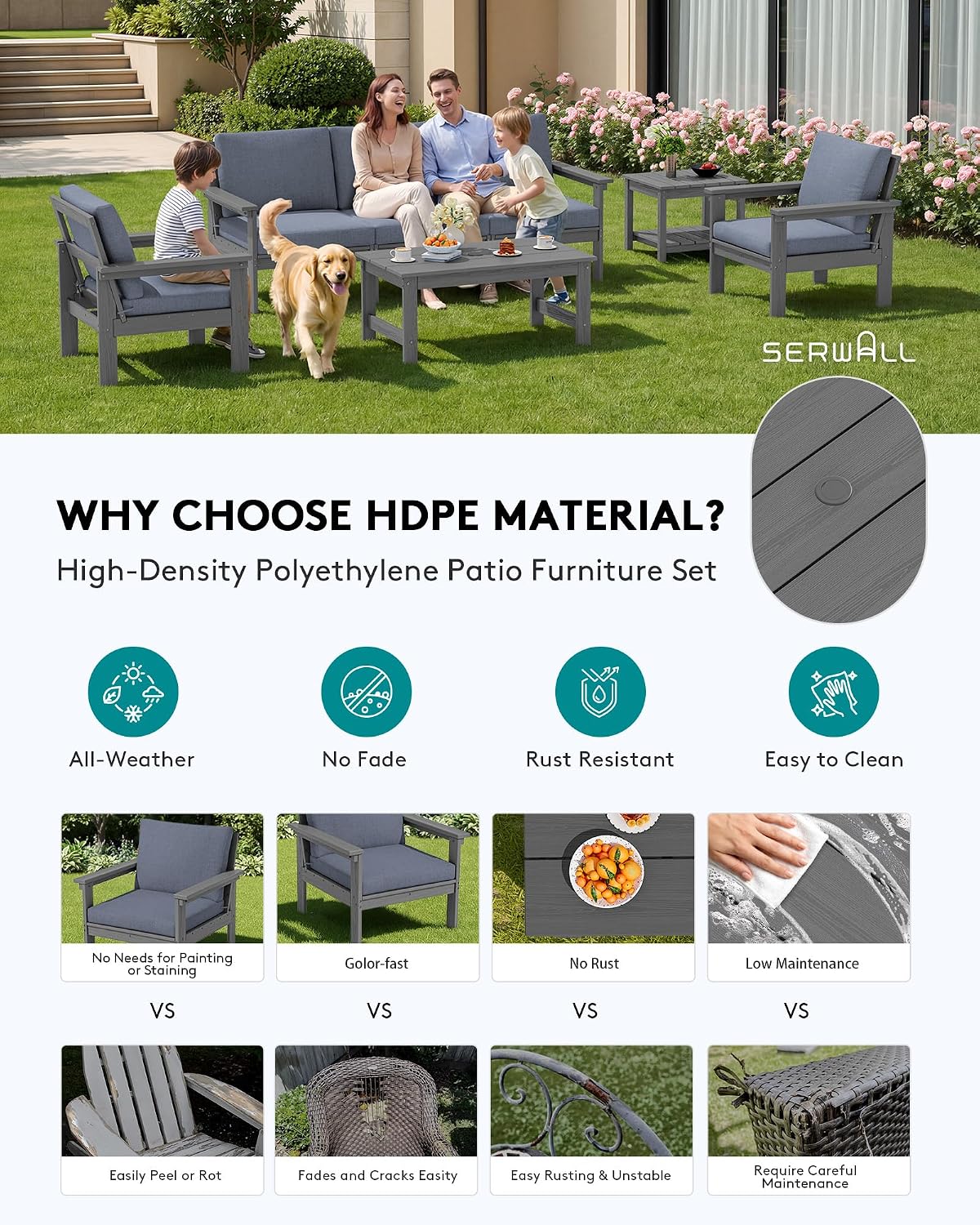 SERWALL HDPE Patio Furniture Set with 15FT Patio Umbrella, 7-piece Outdoor Sectional Sofa Set, All Weather Patio Couch Set for Deck, Gray &Gray (Umbreall Base not Included)