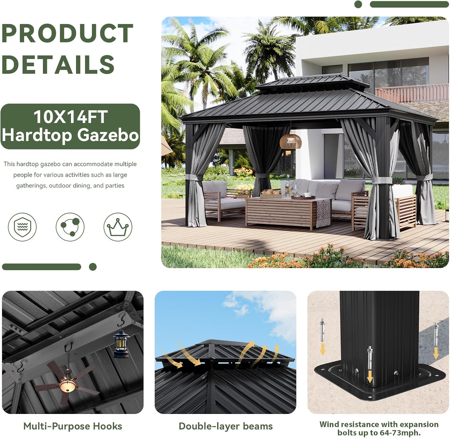 Aoxun 10' X 14' Hardtop Gazebo with Drainage System, Aluminum Outdoor Gazebo with Galvanized Steel Double Roof, Patio Permanent Metal Pavilion with Netting, for Garden, Deck, Pool, Grey