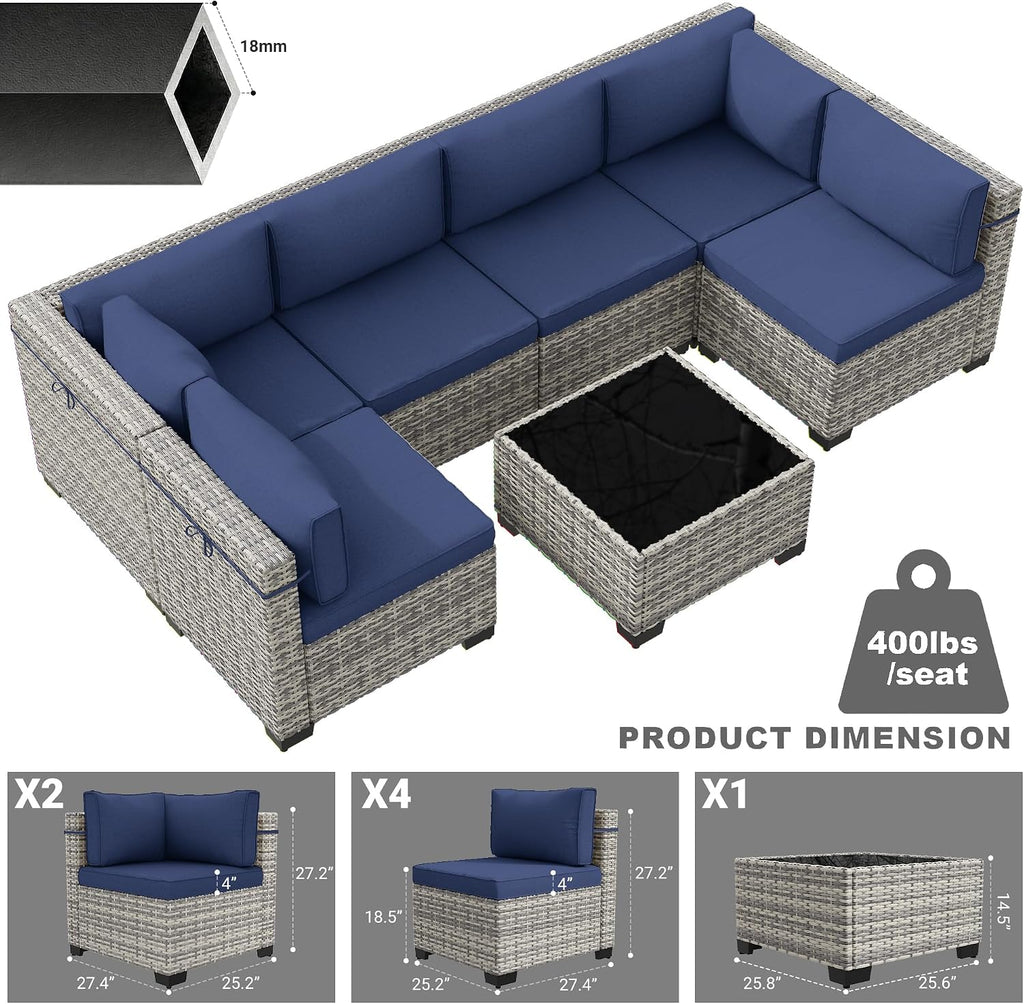 7-Piece Patio Furniture Set, Outdoor Sectional with Thick Cushions, Modular Patio Sofa, Dual-Strand Wicker Rattan, Rust-Resistant Frame, Backyard Furniture for Garden, Deck, Navy Blue