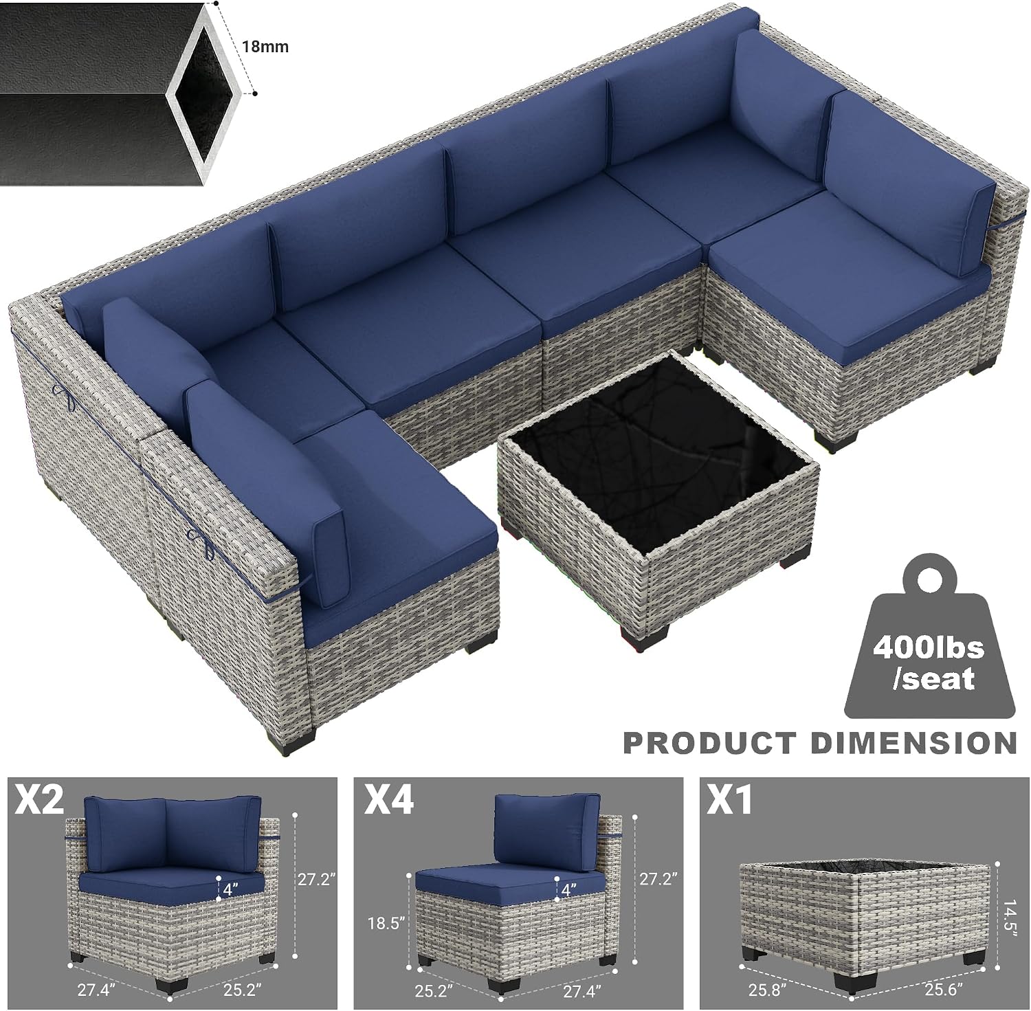 7-Piece Patio Furniture Set, Outdoor Sectional with Thick Cushions, Modular Patio Sofa, Dual-Strand Wicker Rattan, Rust-Resistant Frame, Backyard Furniture for Garden, Deck, Navy Blue