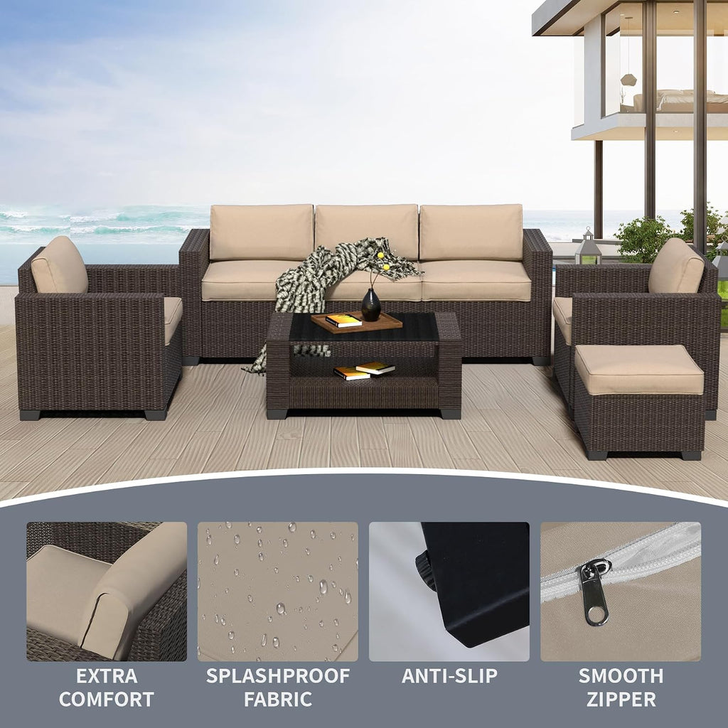 YLGJ&TIDY 7 PCS Outdoor Wicker Furniture Set Sectional Rattan Sofa Couch with Thick Cushions Glass Top Coffee Table Patio Conversation Set for Garden Backyard (Dark Brown Rattan & Khaki)