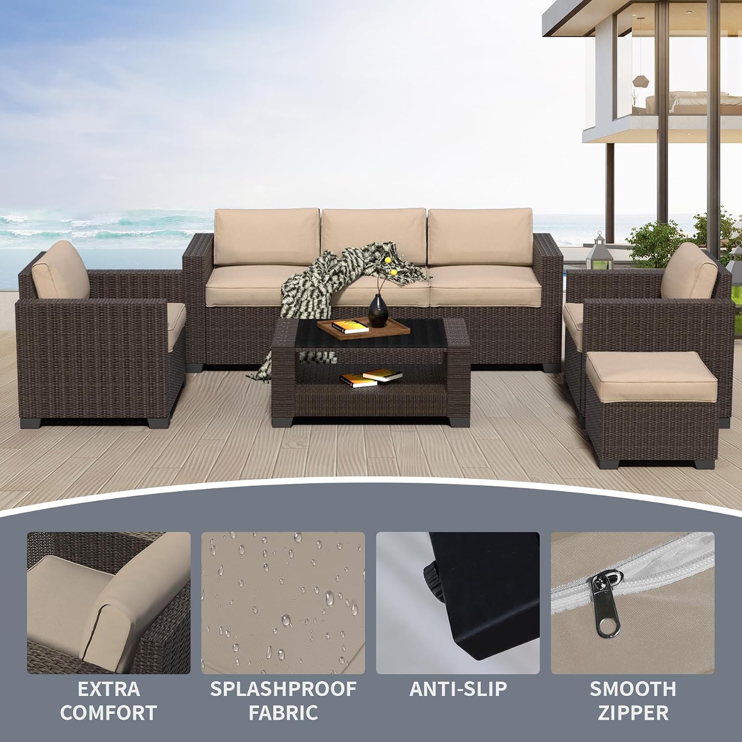 YLGJ&TIDY 7 PCS Outdoor Wicker Furniture Set Sectional Rattan Sofa Couch with Thick Cushions Glass Top Coffee Table Patio Conversation Set for Garden Backyard (Dark Brown Rattan & Khaki)