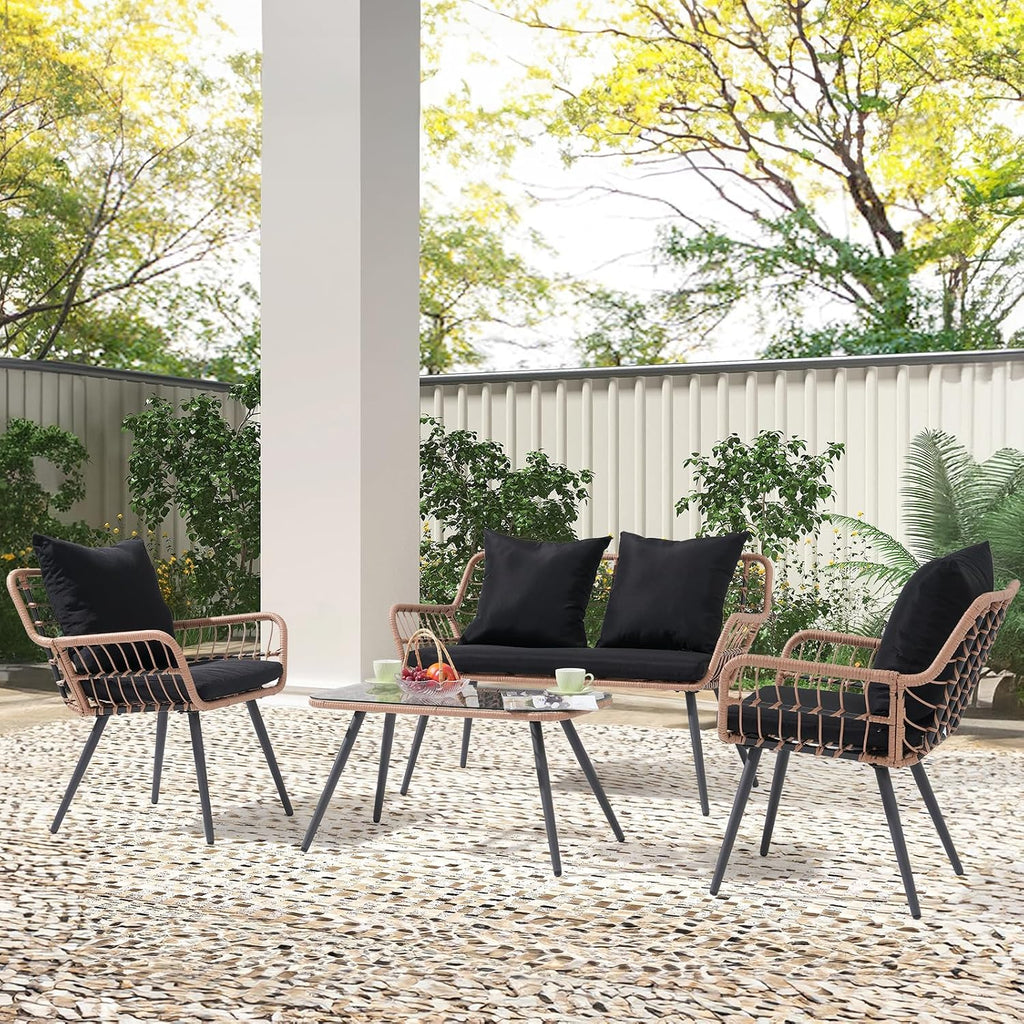 Verano Garden 4 Pieces Patio Furniture Set, Outdoor Wicker Patio Conversation Set for Porch Deck, Boho Loveseat & 2 Armchairs with Cushion and Pillow, Tempered Glass Table