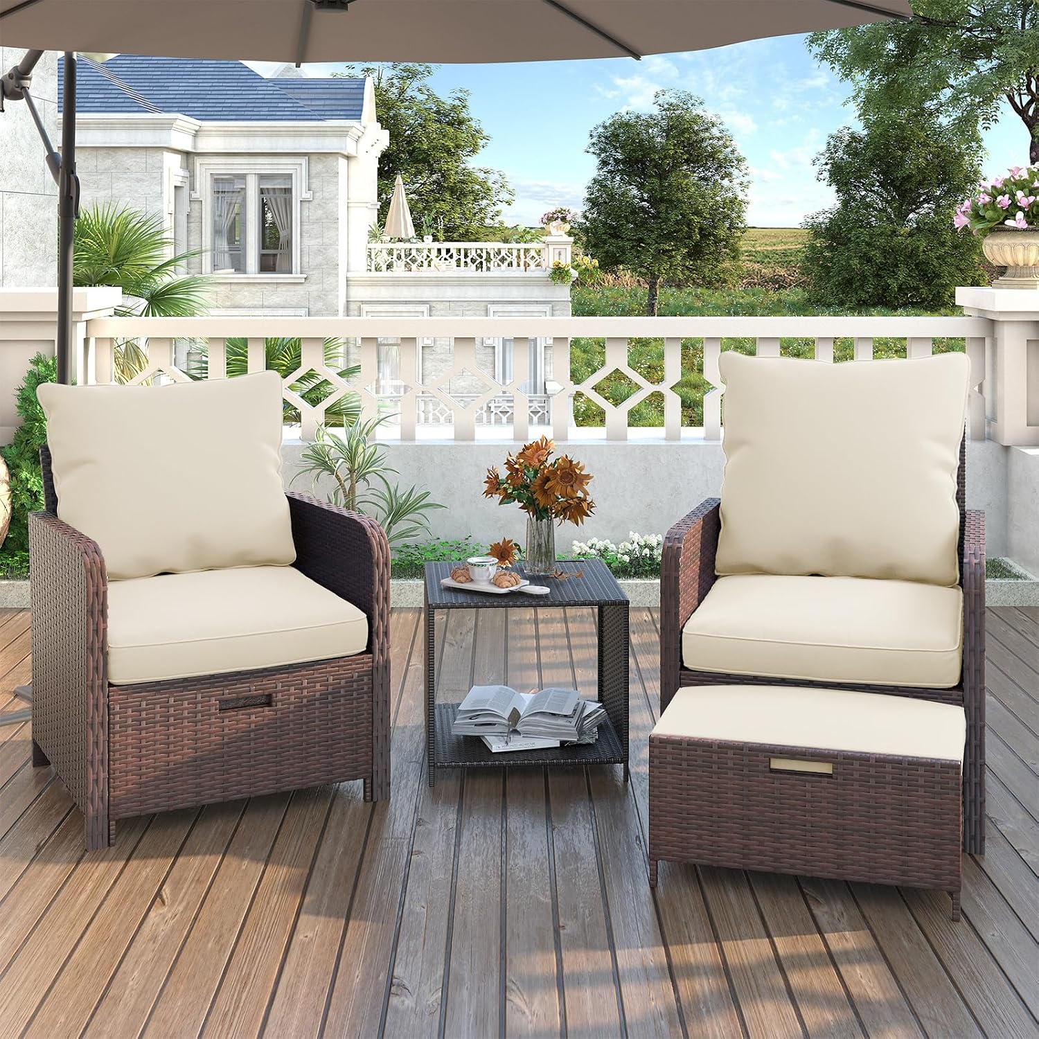 UDPATIO Wicker Patio Furniture Chair with Hiddern Ottoman for Balcony, 5 Piece Patio Conversation Set with Side Table for Front Porch Deck