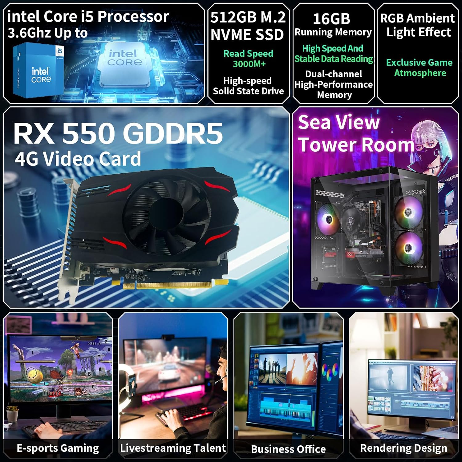 Prebuilt Gaming PC Desktop Computer,Intel Core i5 Desktop,Operating at A Frequency of 3.2-3.6 GHz,RX550 Graphics Card with 4GB GDDR5 Video Memory,16GB RAM, 512GB NVME SSD,WiFi5,RGB Fan x4 Windows 11