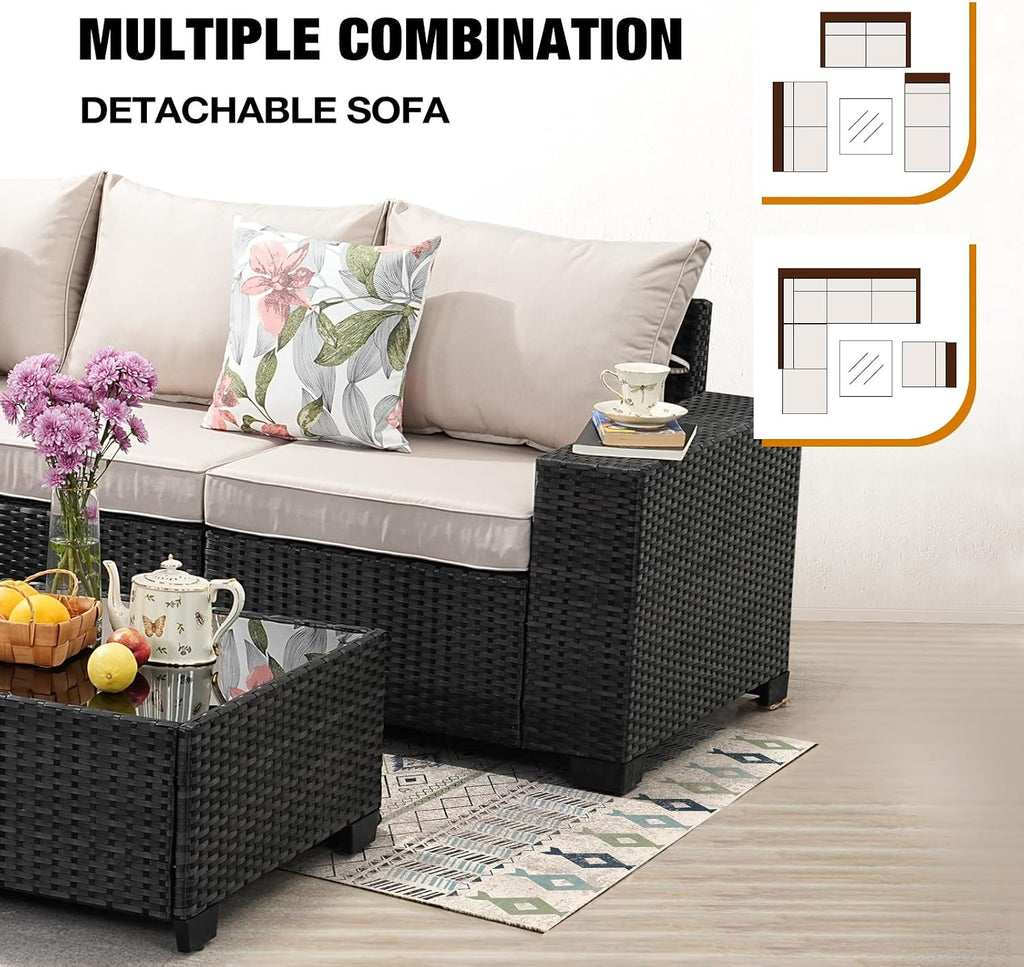 JOYURE 7 Pieces Patio Furniture Set All-Weather Outdoor Wicker Sectional Conversation Sofa Rattan Patio Seating Sofa with Cushion and Glass Table and Ottoman for Porch,Beige