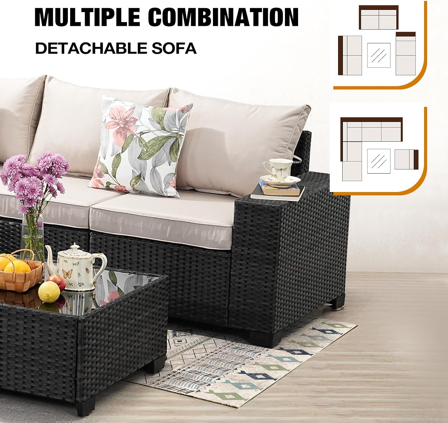 JOYURE 7 Pieces Patio Furniture Set All-Weather Outdoor Wicker Sectional Conversation Sofa Rattan Patio Seating Sofa with Cushion and Glass Table and Ottoman for Porch,Beige
