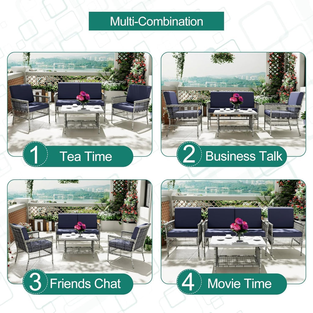 DECMICO 4 Pieces Outdoor Patio Furniture Set, Wicker Rattan Chairs & Loveseat Couch with Side Table and Cushions, All-Weather Patio Seating Set for Backyard, Deck, Porch (Dark Blue)