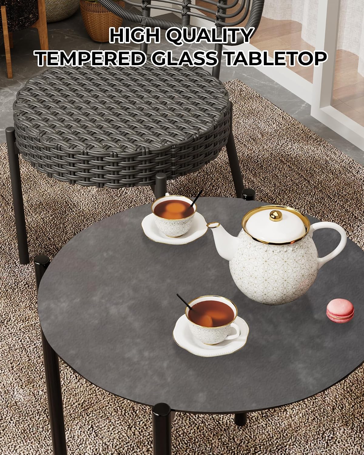 GarveeLife 3 Piece Wicker Patio Bistro Furniture Set, Outdoor Dining Chairs, Includes 2 Rattan Chairs and Tempered Glass Table, for Garden, Backyard, Balcony, Apartment, Black & Grey
