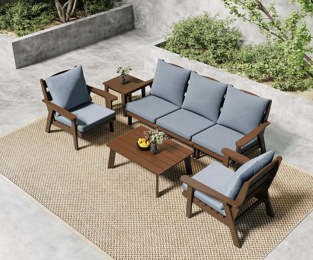FOOWIN 7-Piece Patio Furniture Set, HDPE All-Weather Outdoor Conversation Set with Thick Cushions, Sectional Patio Sofa Furniture for Deck, Porch, Lawn, Garden, Brown Frame & Grey Cushion
