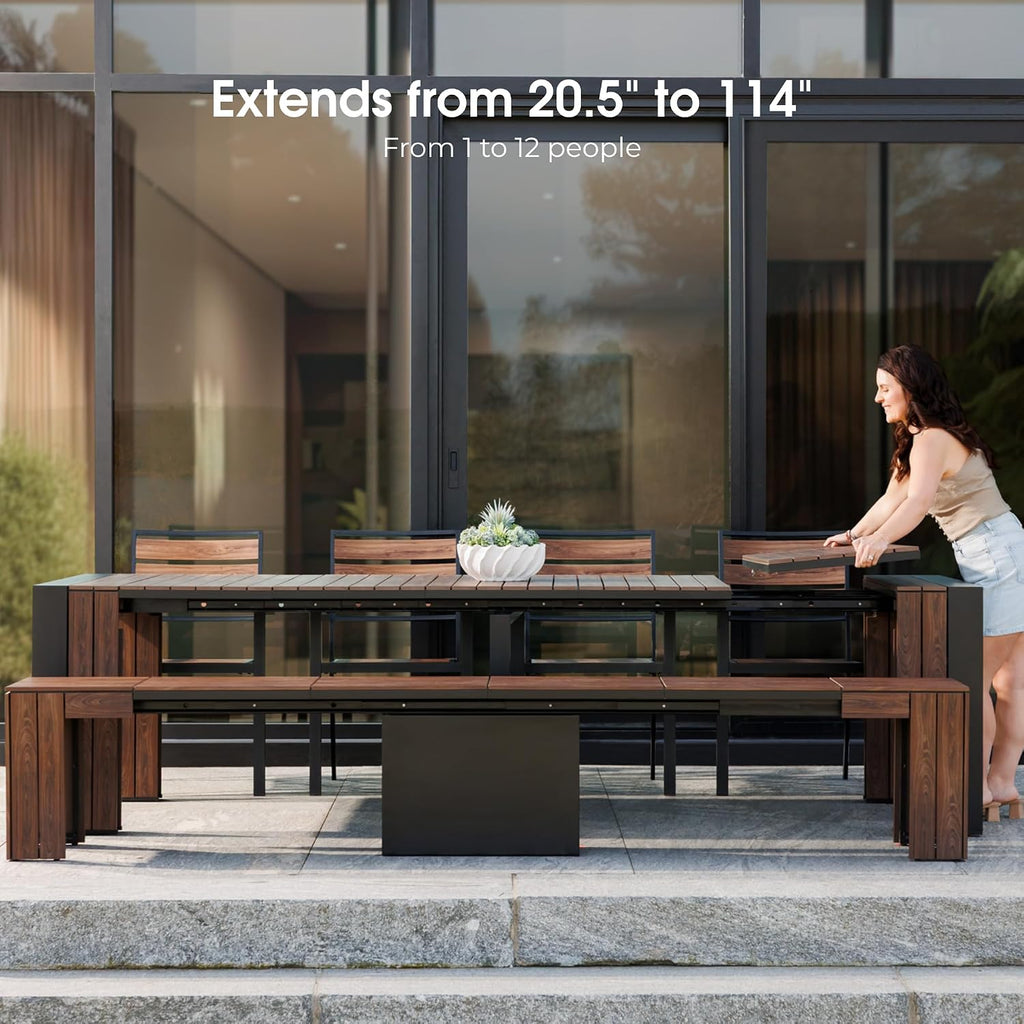 Transformer Table - Extendable Outdoor Dining Set up to 12, Expandable Patio Table, Weather-Resistant Patio Furniture, Outdoor Furniture, Dark Walnut, Brown (Table + 2 Benches)