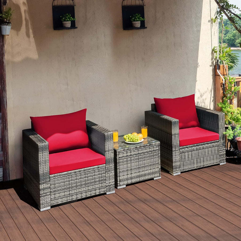 Tangkula 3 Pieces Patio Furniture Set, PE Rattan Wicker Sofa Set w/Washable Cushion and Tempered Glass Tabletop, Outdoor Conversation Furniture for Garden Poolside Backyard