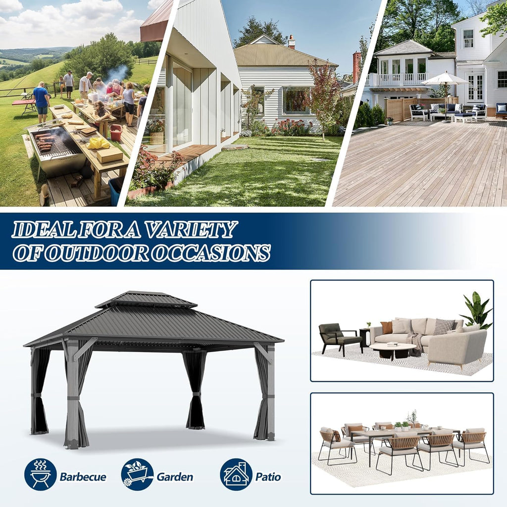 COVERONICS 12'x14' Outdoor Wood Gazebo - Hardtop Wooden Gazebo with Galvanized Steel Roof, Heavy-Duty Pavilion with Netting & Curtains for Garden, Poolside, Deck, Backyard