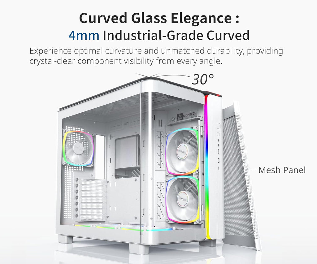 MONTECH King 95 PRO Dual-Chamber ATX Mid-Tower PC Gaming Case, High-Airflow, Toolless Panels, Sturdy Curved Tempered Glass Front, Six ARGB PWM Fan Pre-Installed with Fan Hub, King 95 PRO White US