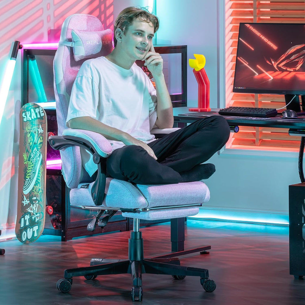 GTPLAYER Gaming Chair, Computer Office Chair Lumbar Support, Linkage Armrests and Footrest, Ergonomic Game Chair for Adults with Extended Backrest, Linen Fabric, Pink