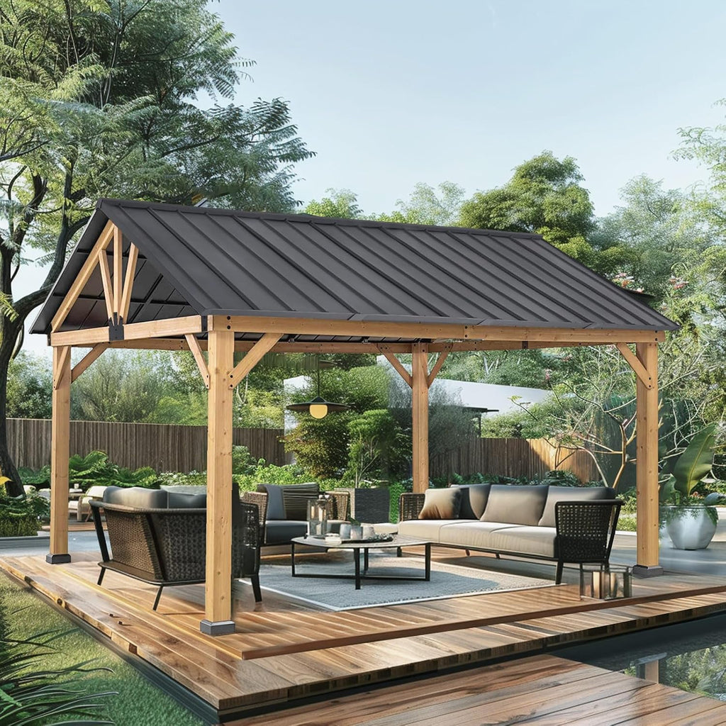 11x13 Hardtop Gazebo, Galvanized Steel Gable Roof Outdoor Pavilion with Cedar Wood Frame, Patio Gazebo for Deck, Garden, Lawn, Natural Wood/Black