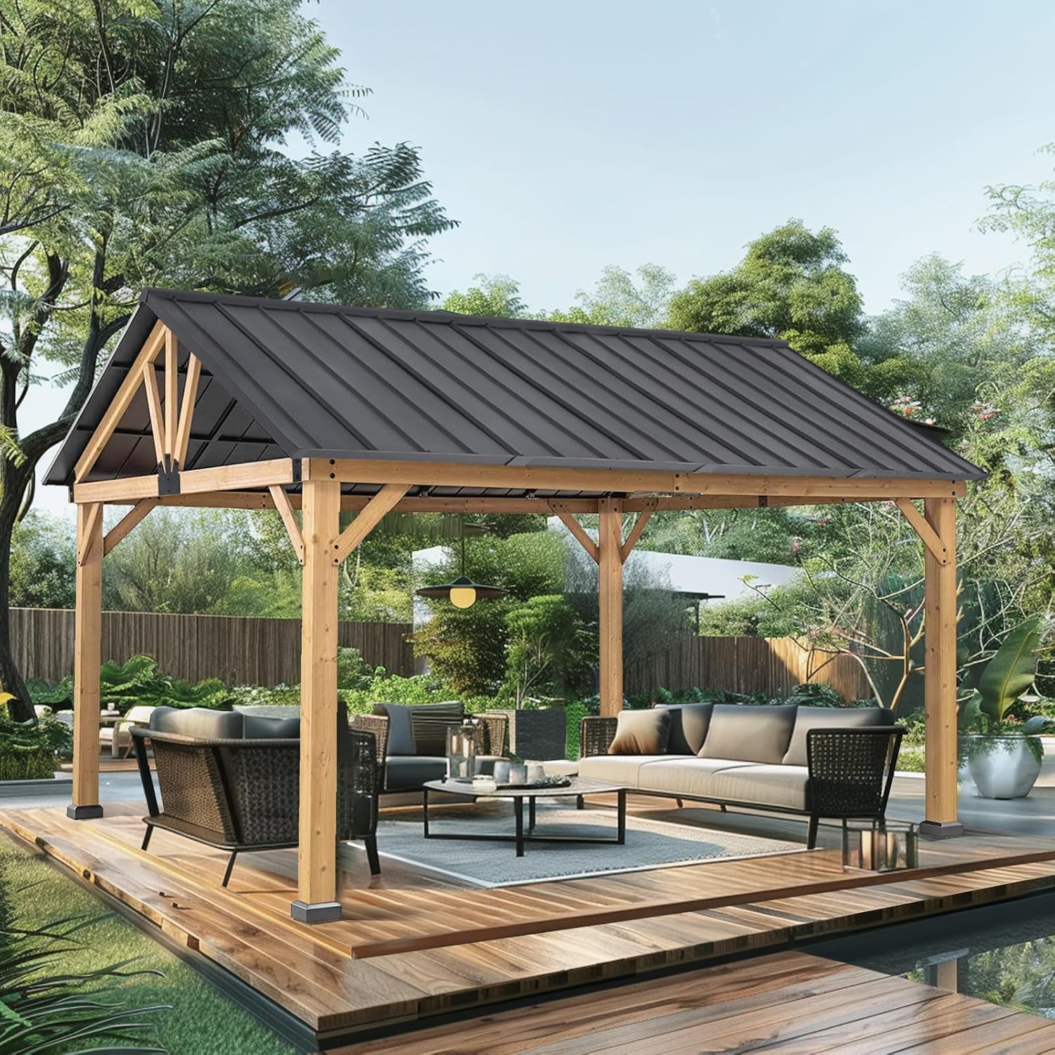11x13 Hardtop Gazebo, Galvanized Steel Gable Roof Outdoor Pavilion with Cedar Wood Frame, Patio Gazebo for Deck, Garden, Lawn, Natural Wood/Black
