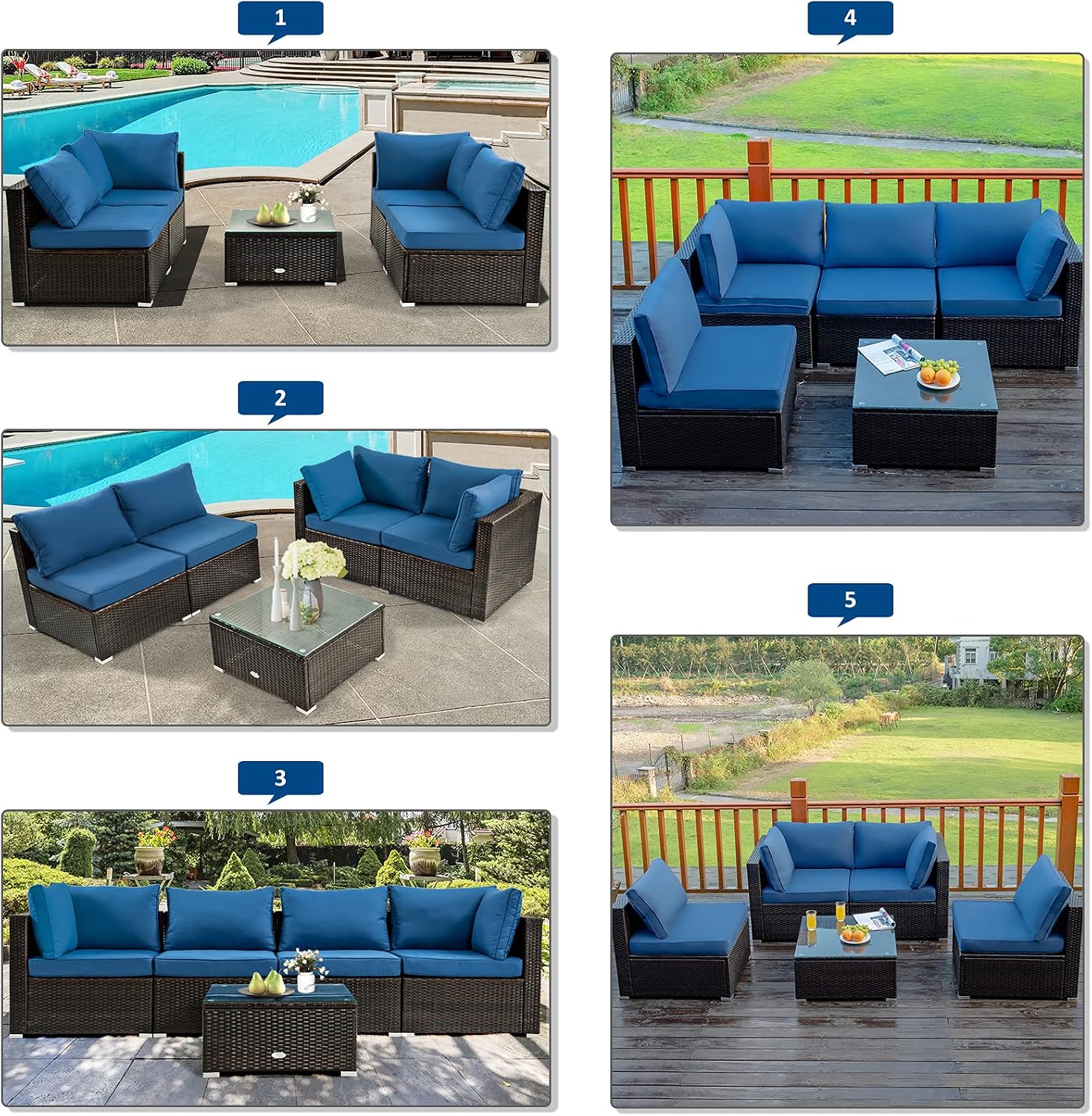 Tangkula 6-Piece Patio Furniture Set with 30' Propane Fire Pit Table, Outdoor PE Wicker Conversation Set with Cushions and Tempered Glass Coffee Table, Gas Fire Pit Table with 50,000 BTU (Navy)