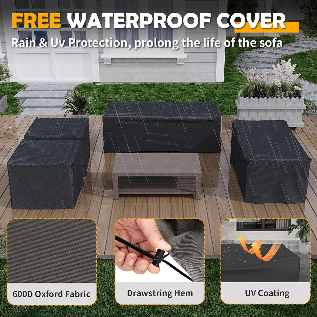 Amopatio Aluminum Patio Furniture Set, 8 Pieces Modern Metal Outdoor Furniture, Faux Wood Grain Finish Frame Patio Sofa Sets with 6' Cushion for Backyard, Beige (Included Waterproof Covers)