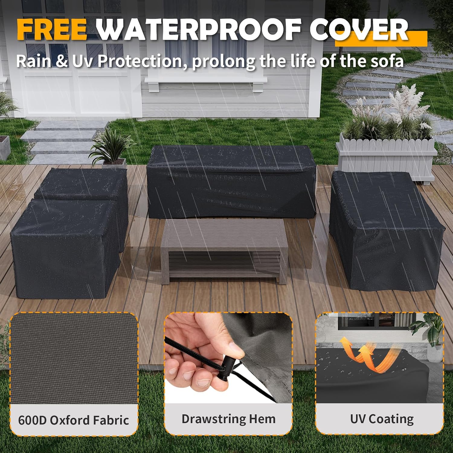 Amopatio Aluminum Patio Furniture Set, 8 Pieces Modern Metal Outdoor Furniture, Faux Wood Grain Finish Frame Patio Sofa Sets with 6' Cushion for Backyard, Beige (Included Waterproof Covers)