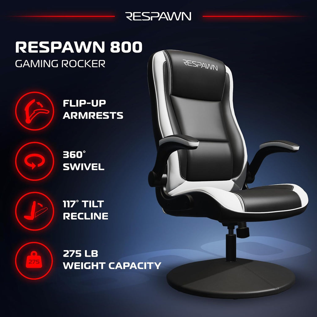 RESPAWN 800 Swivel Rocker Gaming Chair - Ergonomic Floor Gaming Seat with Lumbar Support, Flip Up Armrest, High Back, Pedestal Base, Comfortable No Wheels Console Video Game Rocker Chair - White