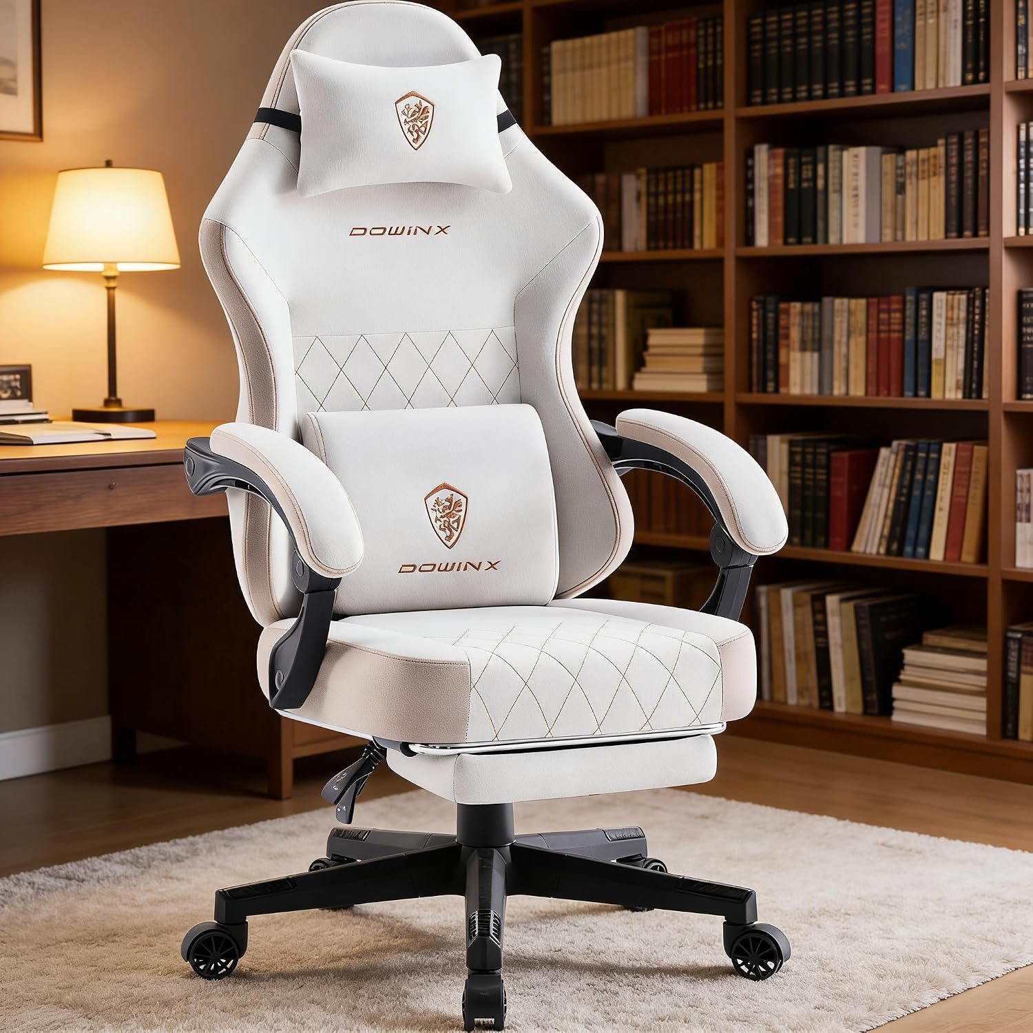 Dowinx Gaming Chair with Pocket Spring Cushion, Massage Lumbar Pillow & Footrest, Wide Seat with Padded Armrests, Breathable Fabric, Reclining Computer Chair for Home Office-Beige