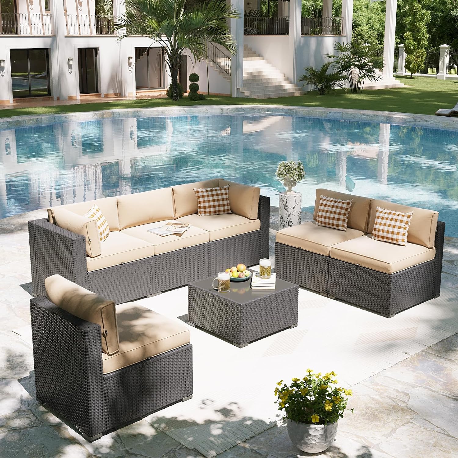 Aoxun Patio Furniture Set, 7 Piece Outdoor Sectional Sofas with Waterproof Cover, Wicker Rattan Outdoor Furniture Patio Conversation Set for Backyard, Garden Begin