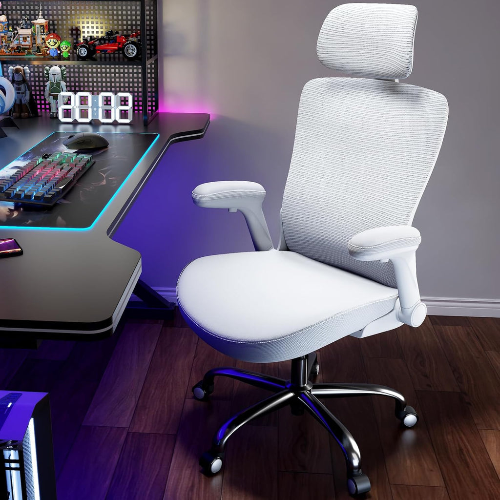Ergalithic Office Home Ergonomic Desk Chair-Computer X-Shaped Chair Mesh PU Leather with Adjustable Lumbar Support-Executive Chair High Back with Headrest Flip-Up Arms for Long Hours (White)