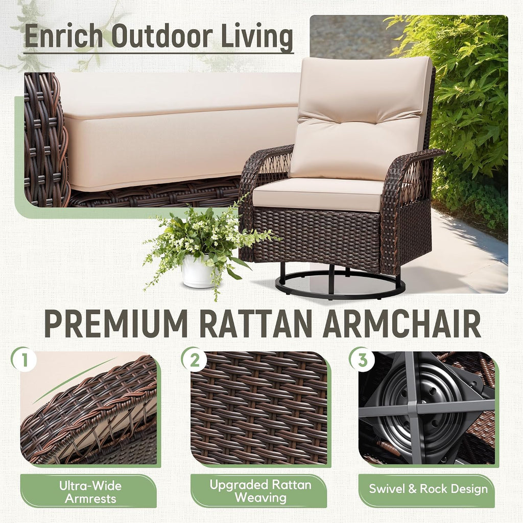 Greesum 3-Piece Outdoor Swivel Rocker, Luxury Wicker Patio Furniture Set with Rattan Side Table&Thick Detachable Cushions for Deck Lawn Poolside Brown/Beige