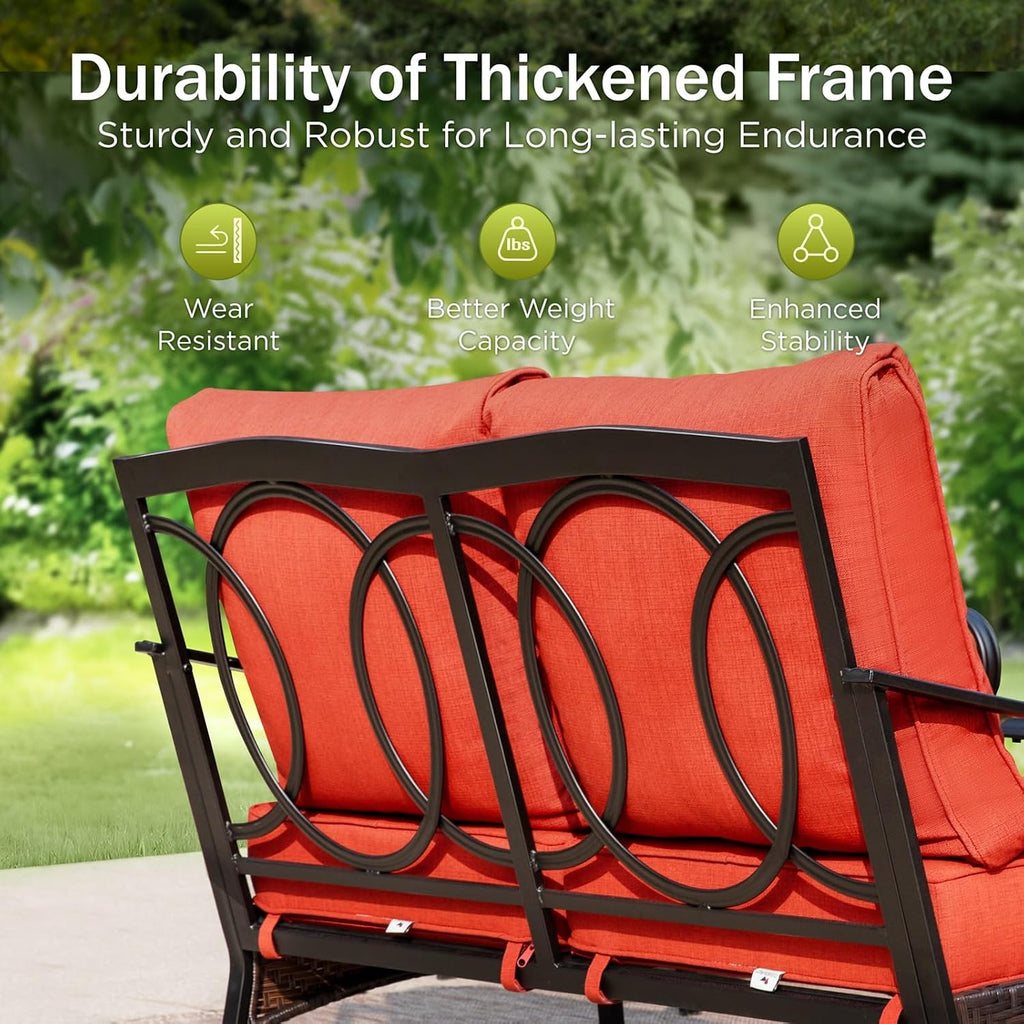 PHI VILLA Patio Furniture Set, Upgraded Wicker & Metal Modern Outdoor Conversation Sets Patio Sectional Fixed Chair Set with Coffee Table & Waterproof Thick Cushions for Porch, Deck(6 Pieces, Red)