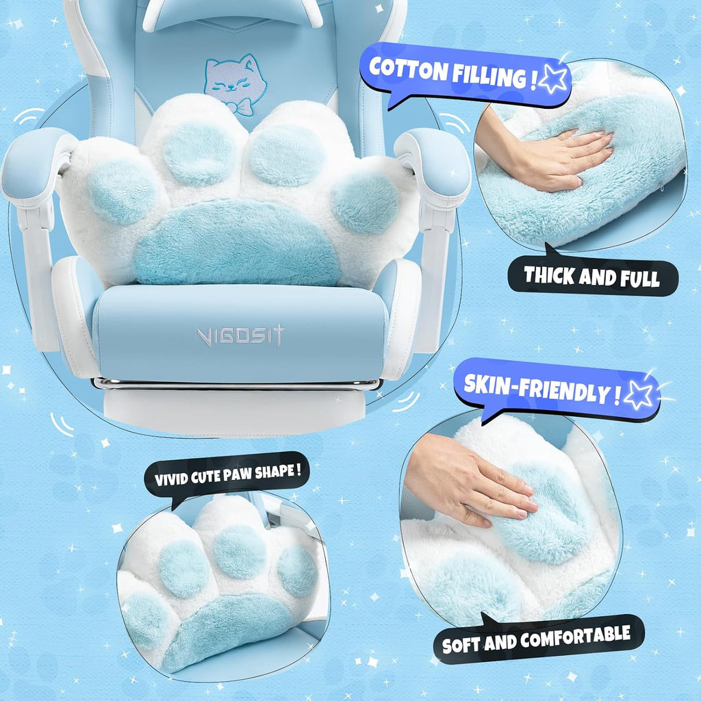 Vigosit Cat Ears Gaming Chair - Ergonomic PU Leather Office Chair, Cute Chair with Footrest for Adult 310lbs Capacity, 90°-155° Reclining paw Pillow, Blue