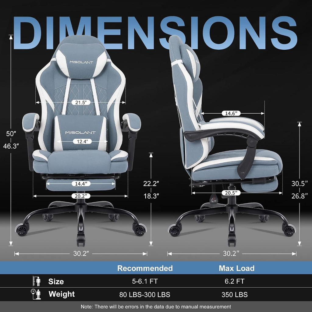 Misolant Gaming Chair, Fabric Gamer Chair with footrest for Adults, High Back Ergonomic Computer Game Chair with Adjustable Headrest and Massage Lumbar Support, 90-155° Recline Free, Blue