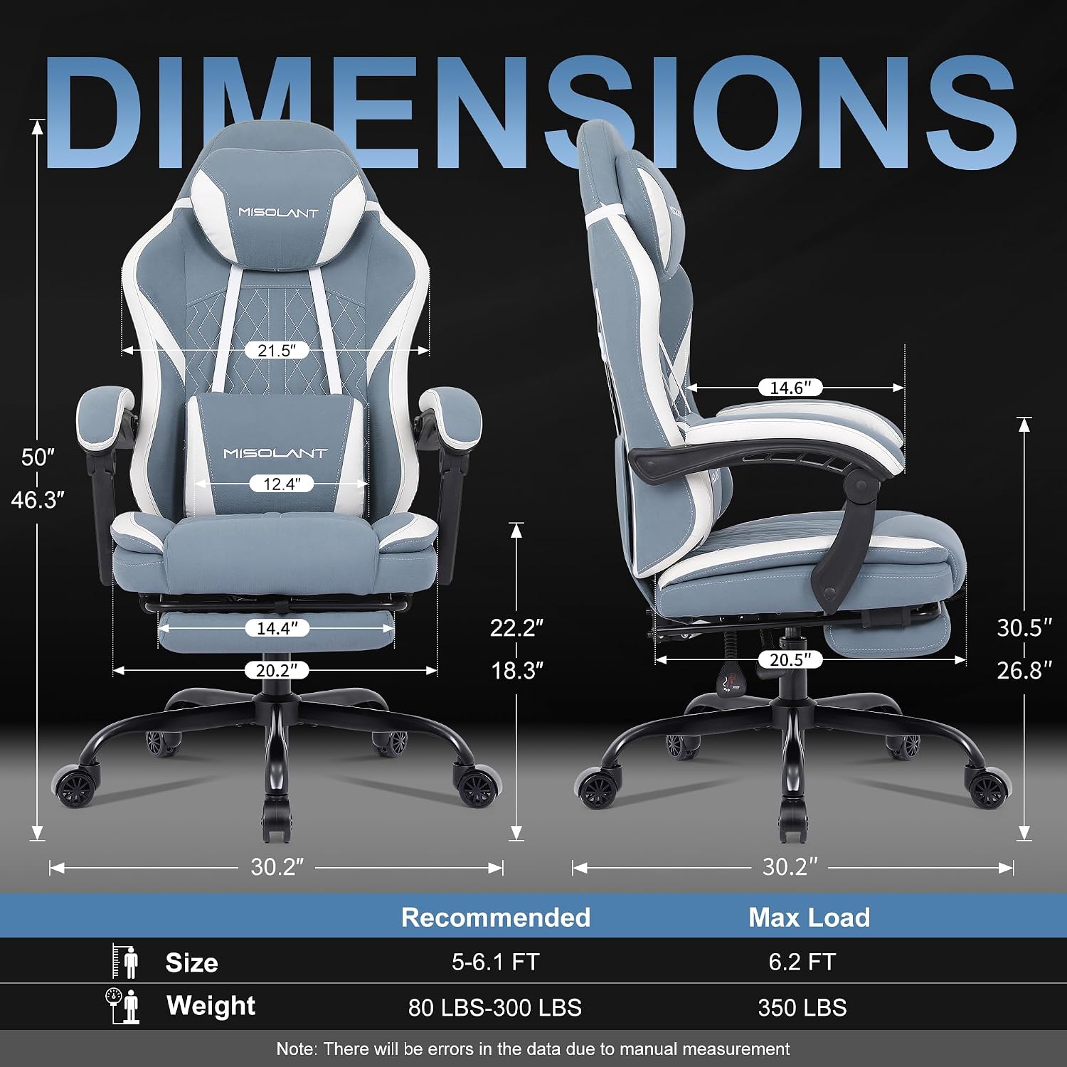 Misolant Gaming Chair, Fabric Gamer Chair with footrest for Adults, High Back Ergonomic Computer Game Chair with Adjustable Headrest and Massage Lumbar Support, 90-155° Recline Free, Blue