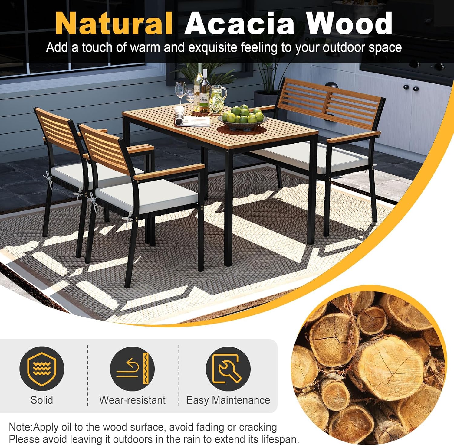 Tangkula 4 Piece Patio Dining Furniture Set, Outdoor Dining Chair Set for 4 w/Acacia Wood & Metal Frame, Umbrella Hole, 1 Table, 2 Armchairs, 1 Bench for Lawn, Garden, Backyard, Porch