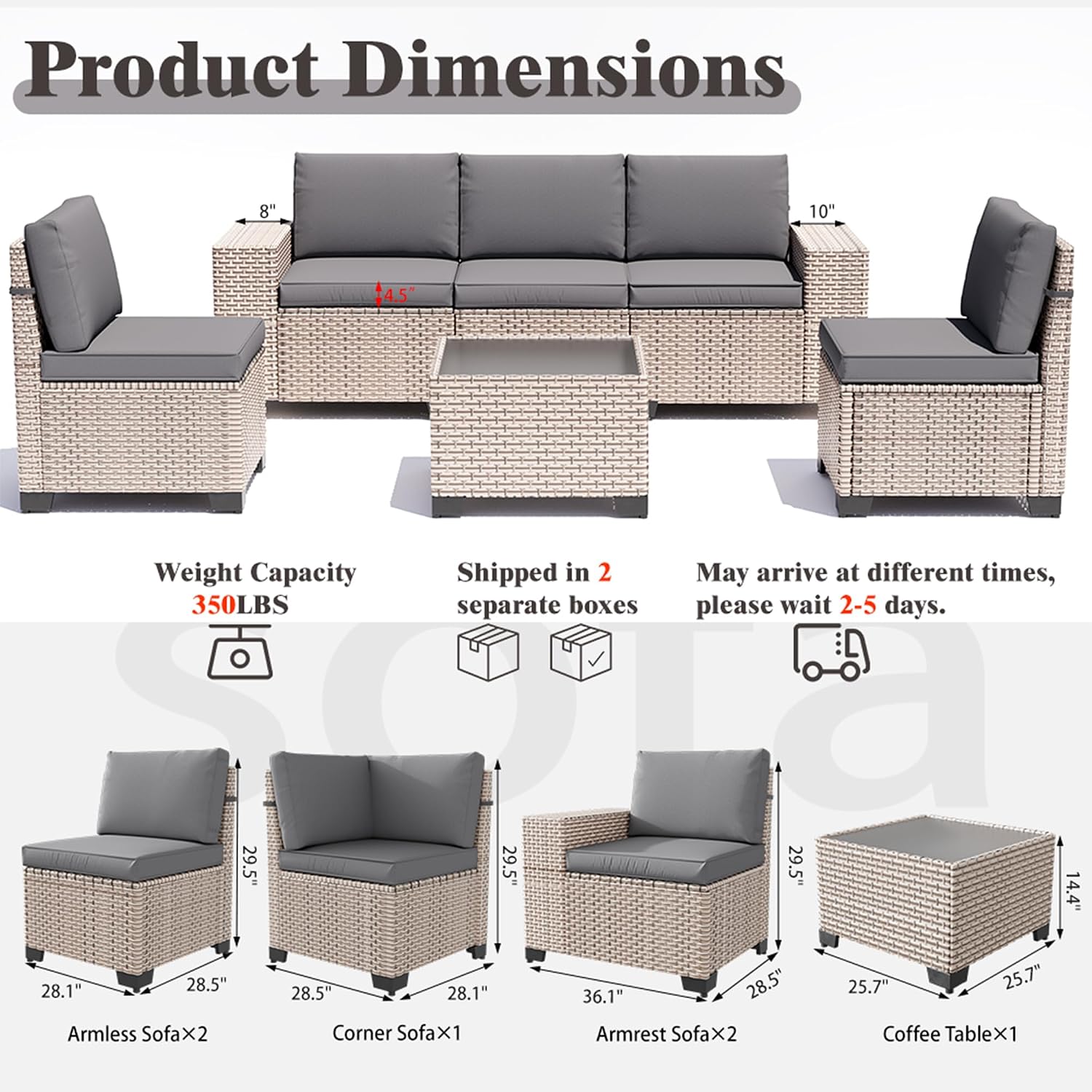 6 Pieces Patio Furniture Set, Outdoor Sectional Wicker Sofa with Thickened Cushions and Coffee Table, High Back Rattan Patio Conversation Sets for Garden Backyard, Grey