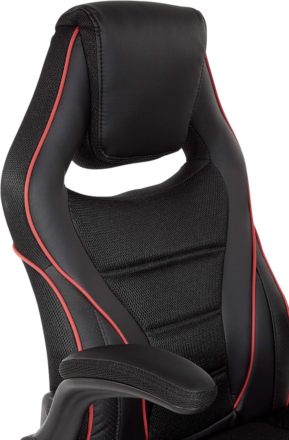 OSP Home Furnishings Xeno Ergonomic Adjustable Faux Leather Gaming Chair with Integrated Headrest and Airflow Cooling Material, Black with Red Accents