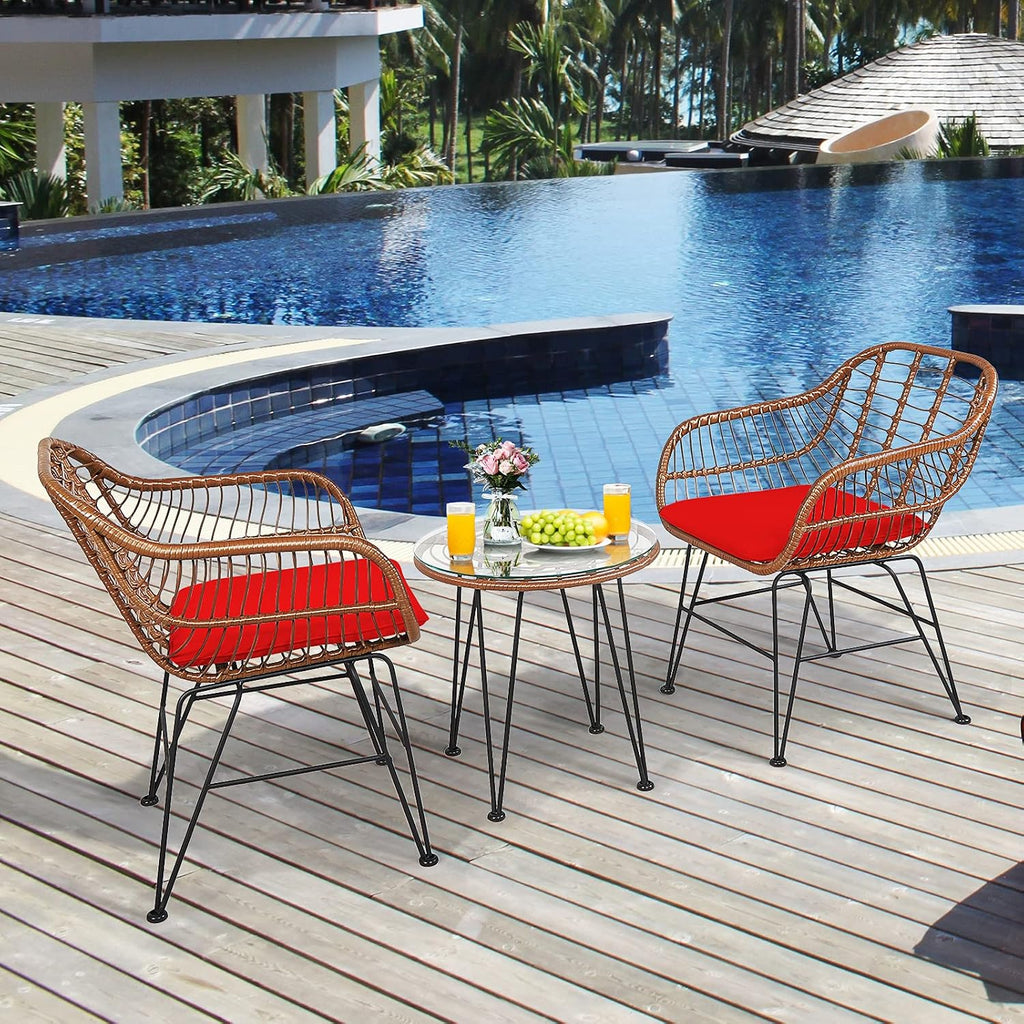 Tangkula 3 Pieces Patio Conversation Bistro Set, Outdoor Wicker Furniture w/Round Tempered Glass Top Table & 2 Rattan Armchairs, Bistro Chat Set w/Seat Cushions for Porch, Backyard, Garden