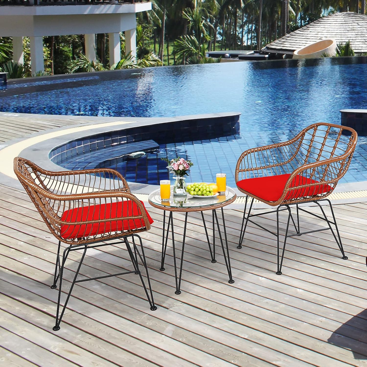 Tangkula 3 Pieces Patio Conversation Bistro Set, Outdoor Wicker Furniture w/Round Tempered Glass Top Table & 2 Rattan Armchairs, Bistro Chat Set w/Seat Cushions for Porch, Backyard, Garden