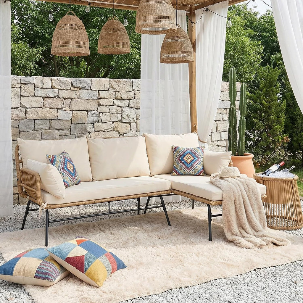 NICESOUL Boho 3-Piece L-Shaped Outdoor Patio Furniture Set with Comfy 2' Thickened Cushion, High Back Wicker Lounge Sectional Sofa w/Ice Bucket for Porch Balcony Deck Garden, Beige