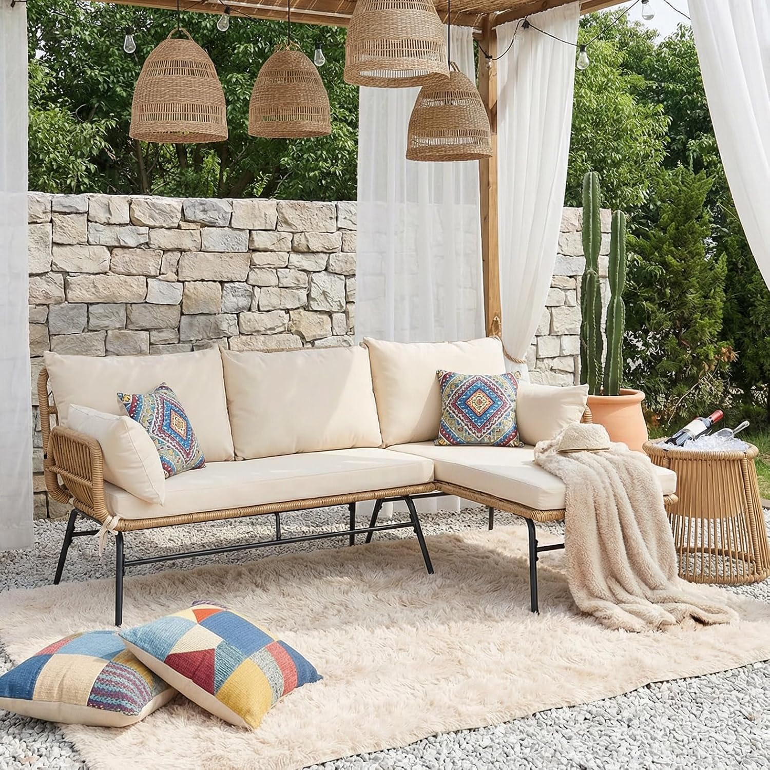NICESOUL Boho 3-Piece L-Shaped Outdoor Patio Furniture Set with Comfy 2' Thickened Cushion, High Back Wicker Lounge Sectional Sofa w/Ice Bucket for Porch Balcony Deck Garden, Beige