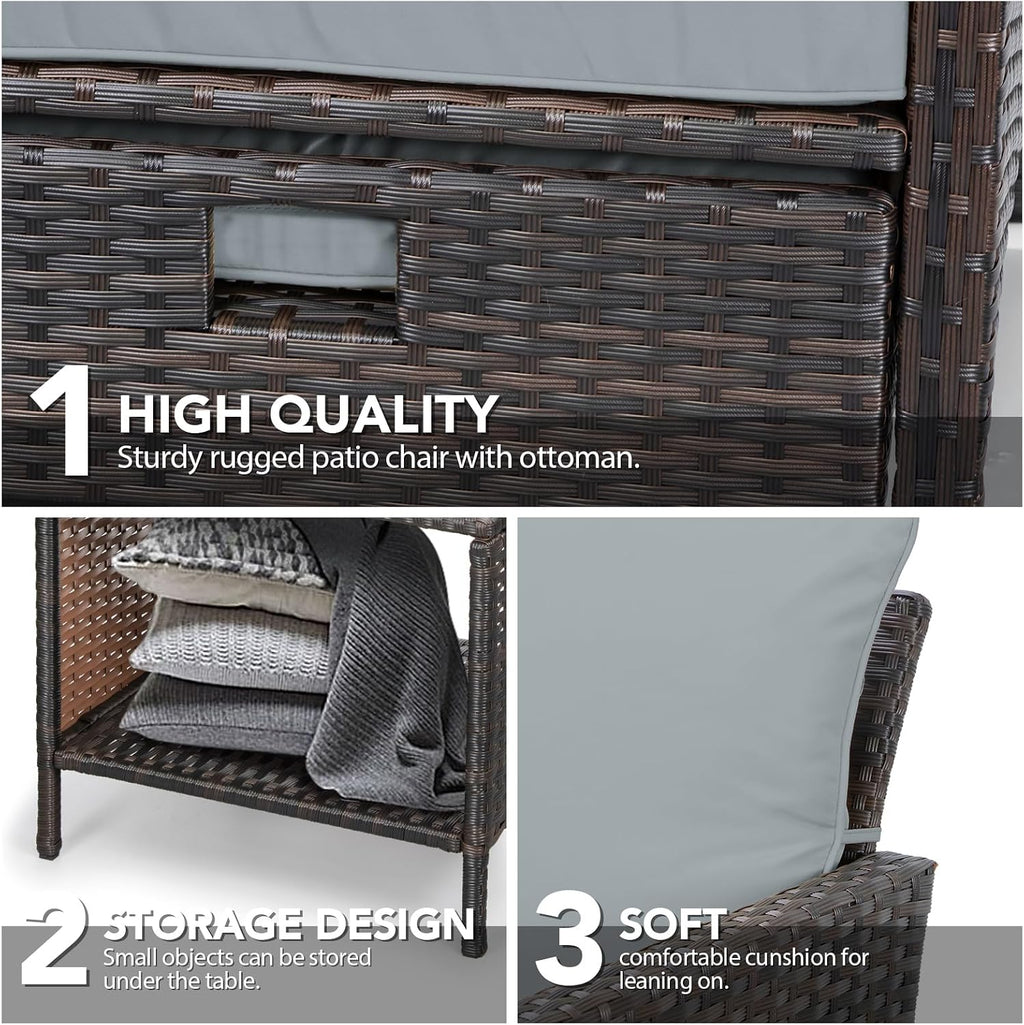 LEVELEVE Balcony Furniture 5 Piece Patio Conversation Set, PE Wicker Rattan Outdoor Lounge Chairs with Soft Cushions 2 Ottoman&Glass Table for Porch, Lawn-Brown Wicker