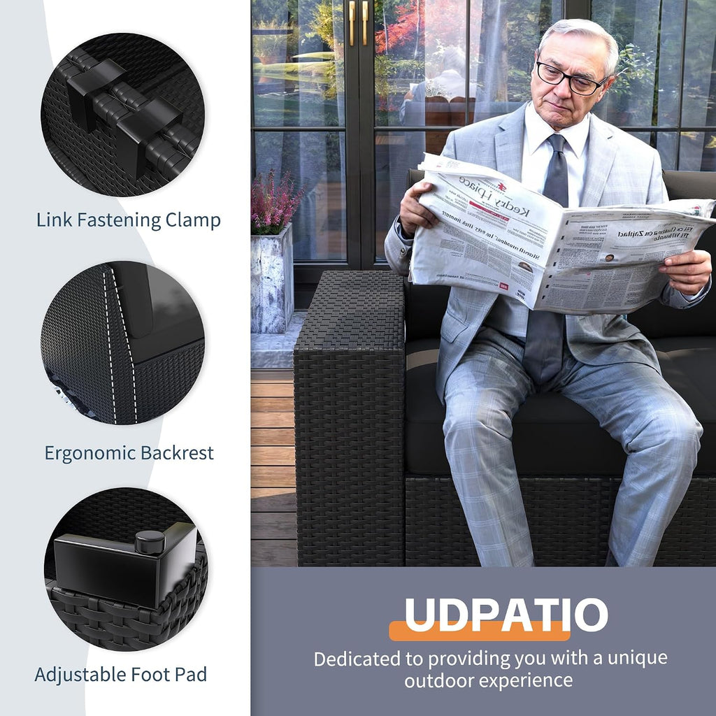 UDPATIO 6 Piece Patio Furniture Set, Outdoor Wicker Sectional Sofa with 8'' Wide Armrests, Modular Patio Conversation Set with Coffee Table for Backyard, Deck, Garden