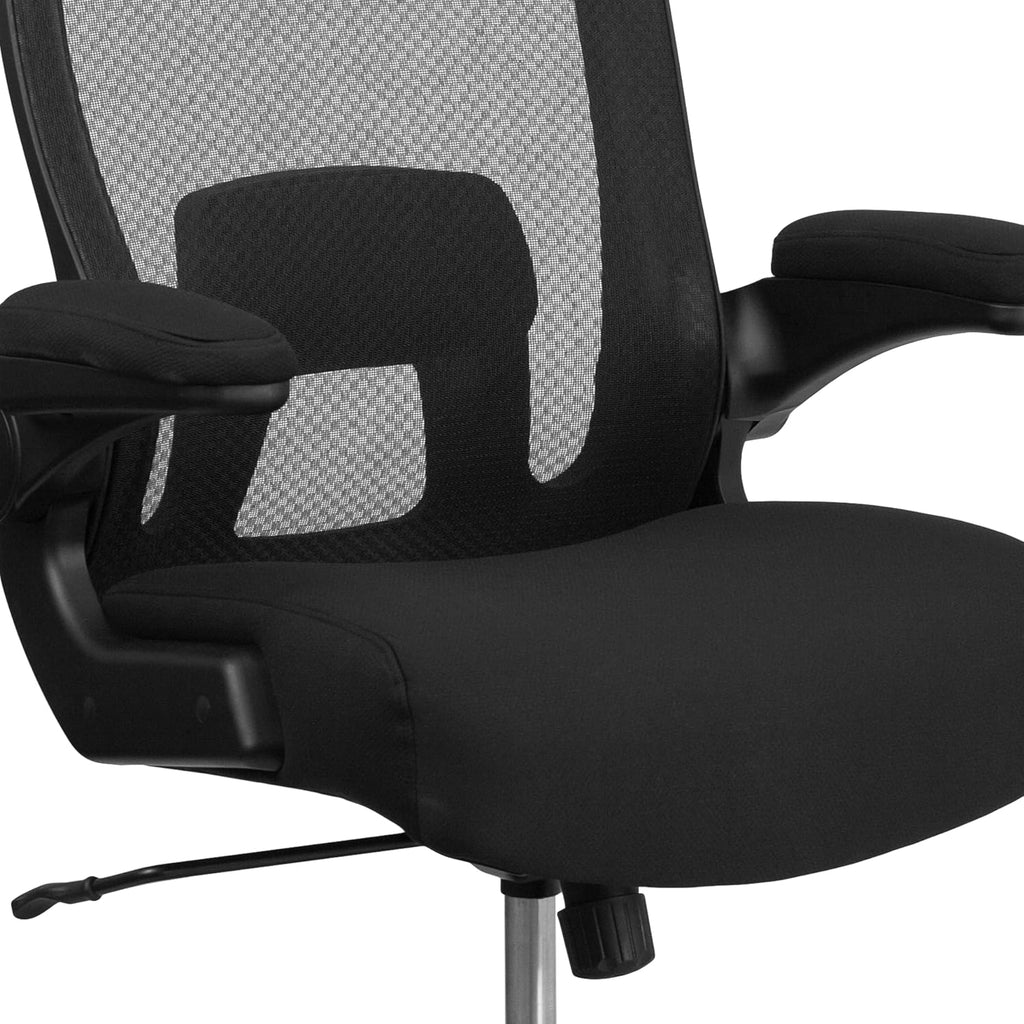 Flash Furniture Big & Tall Swivel Office and Gaming Chair with Lumbar and Back Support, Ergonomic Mesh Office Chair with Flip-Up Armrests and Adjustable Height, Black