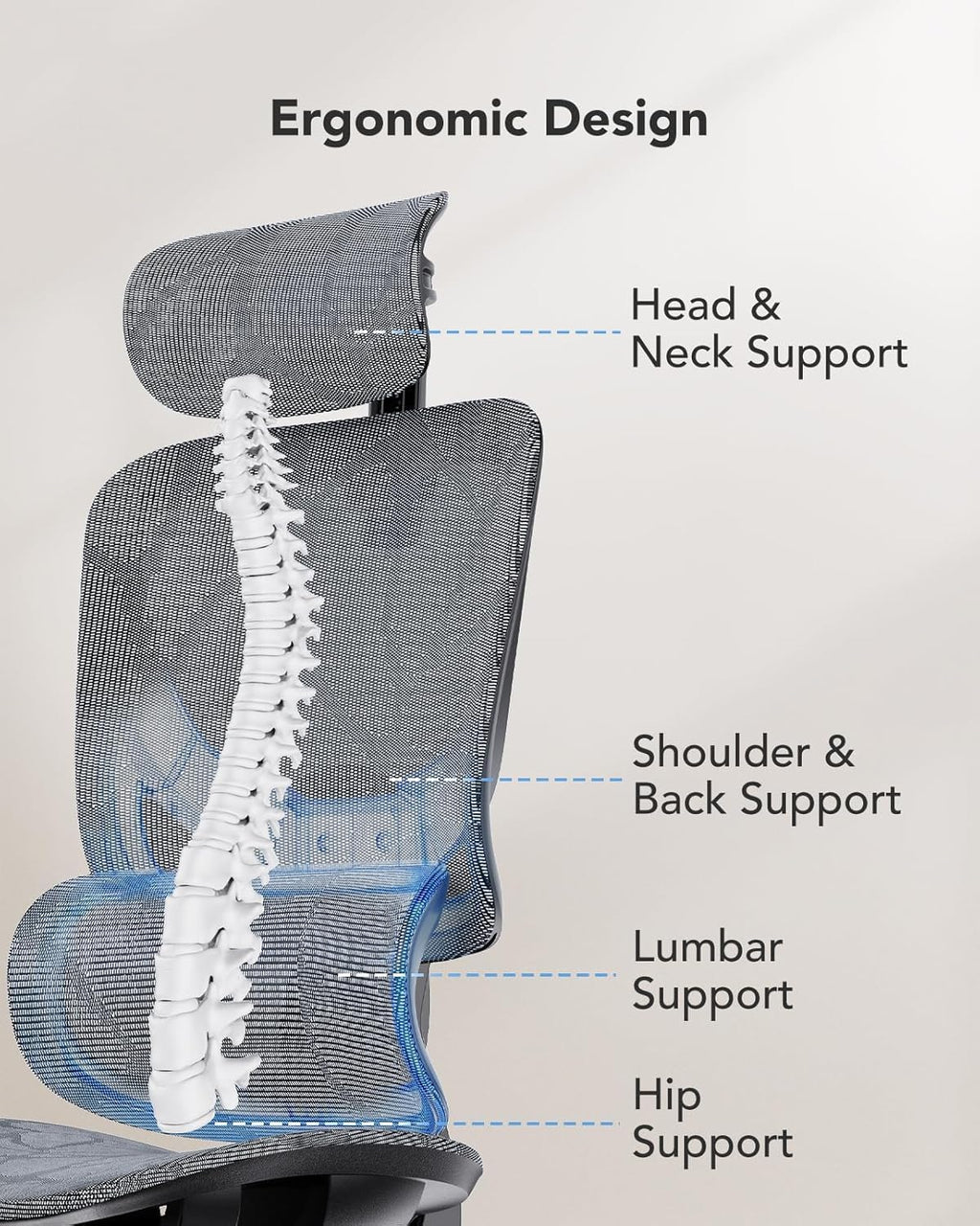 HUANUO Ergonomic Mesh Office Chair with 5-Level Lumbar Support, Computer Gaming Chair with Adjustable Headrest & Armrests, Rocking Tilt, Comfortable High Back Desk Chair for Home Office,8 Pack