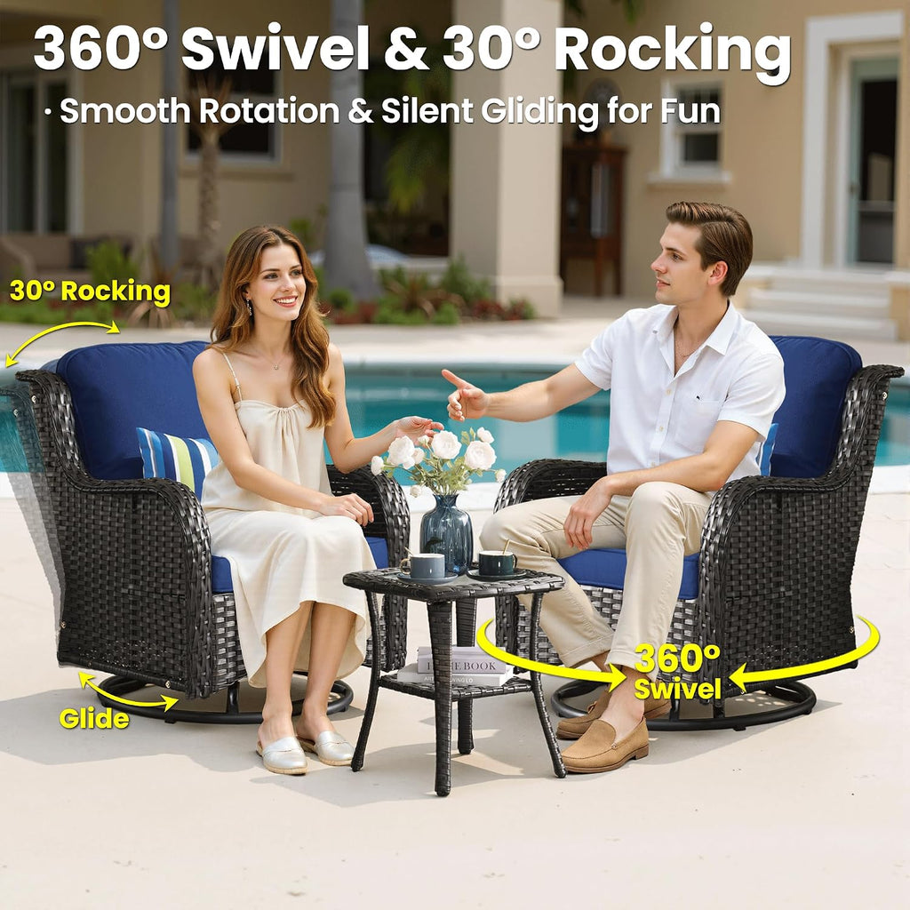 ovios 7 Pieces Patio Furniture Set with Swivel Rocking Chairs, Outdoor Wicker Sofa Couch Glass Coffee Table, All Weather High Back Modern Conversation Set, Brown Rattan, Navy Blue